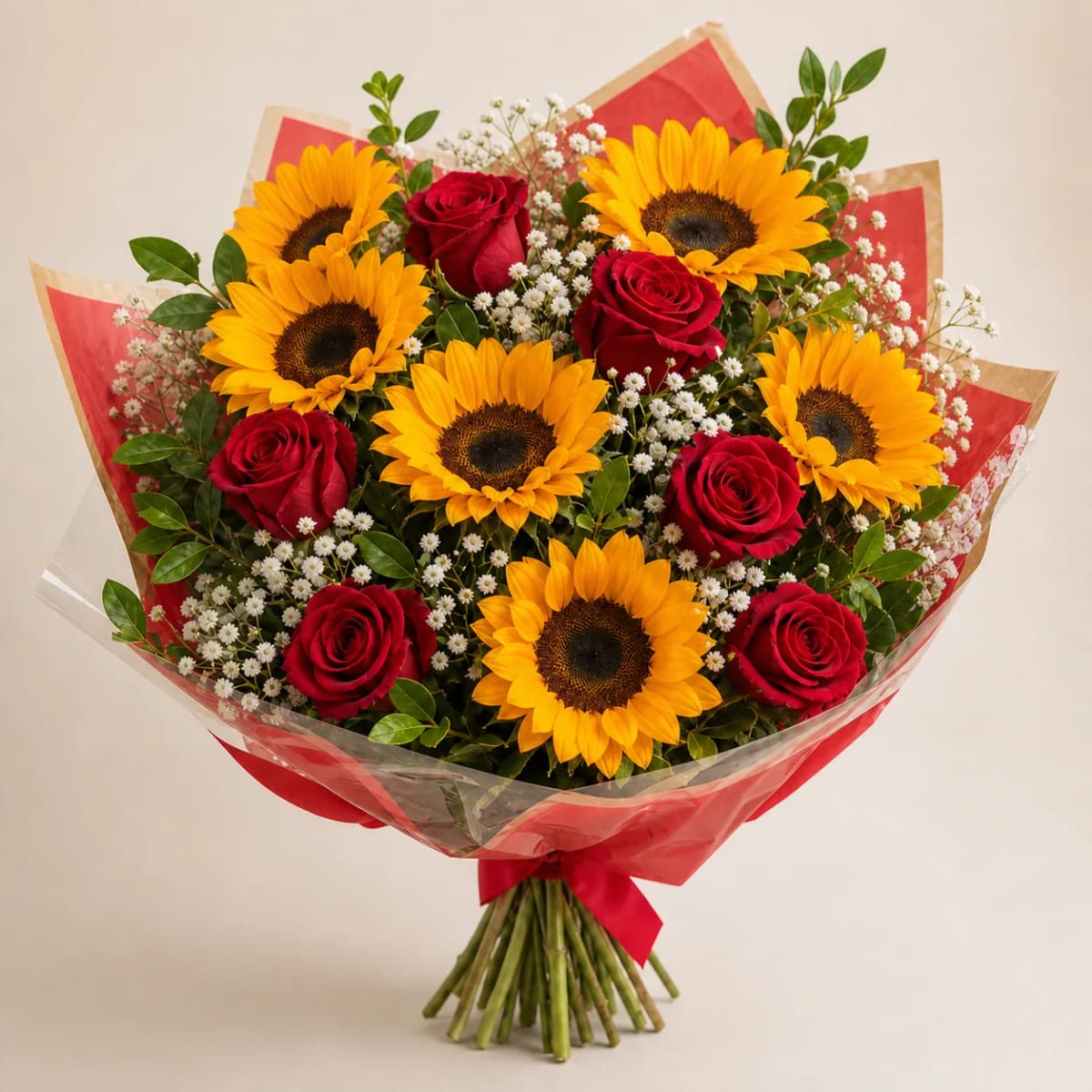 Buquê de Rosas Vermelhas com Girassóis