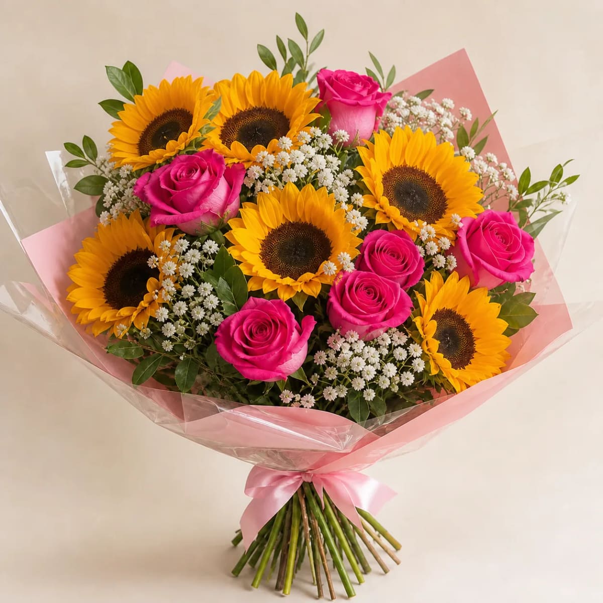 Buquê de Rosas Pink com Girassóis