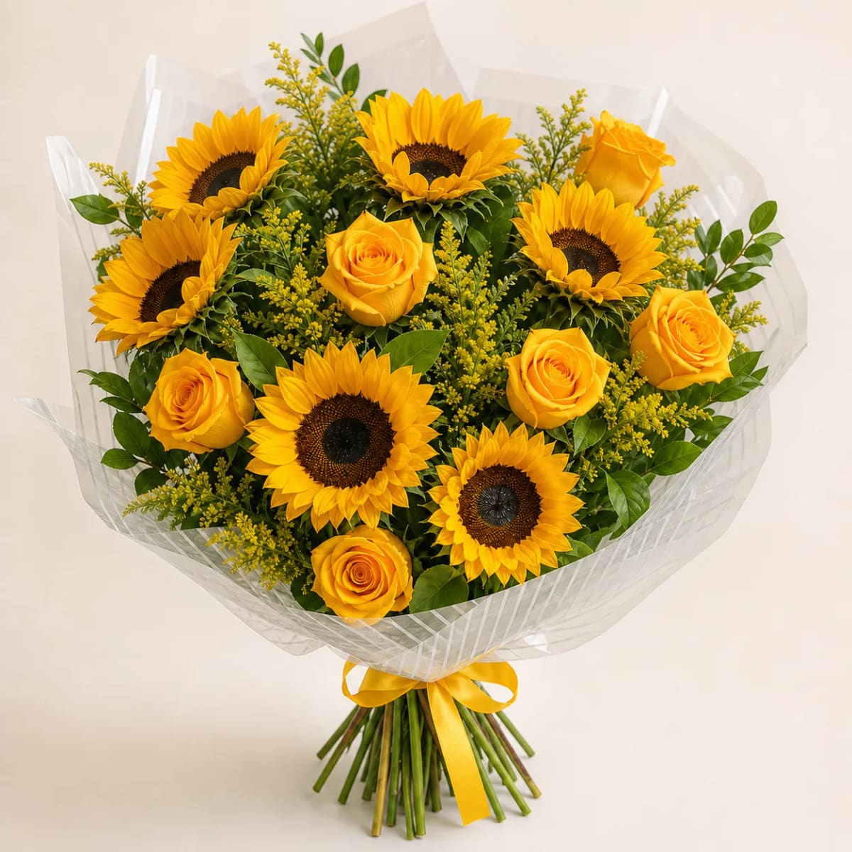 Buquê de Rosas Amarelas com Girassóis