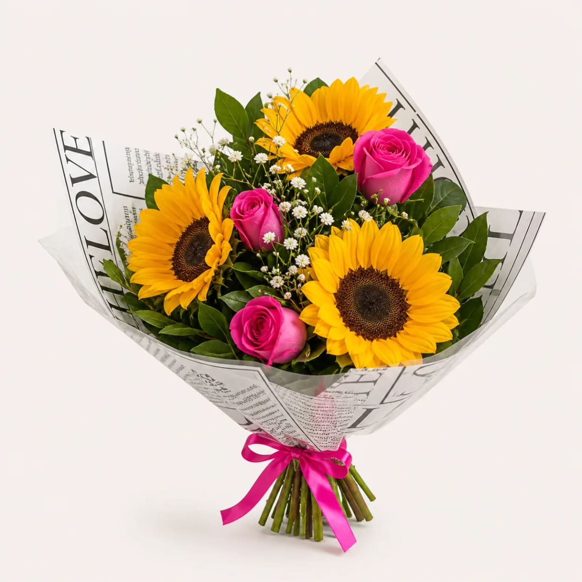 Buquê Baby de Rosas Pink com Girassóis
