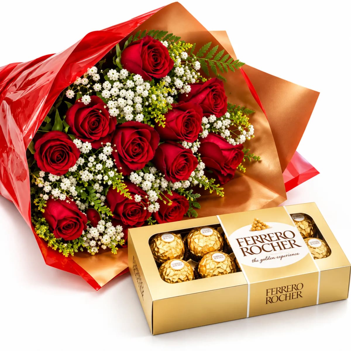 Buquê com 10 Rosas e Caixa de Ferrero Rocher